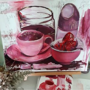 painting on canvas of pink, purple and red still life objects such as a teacup, candle and bowl of fruit